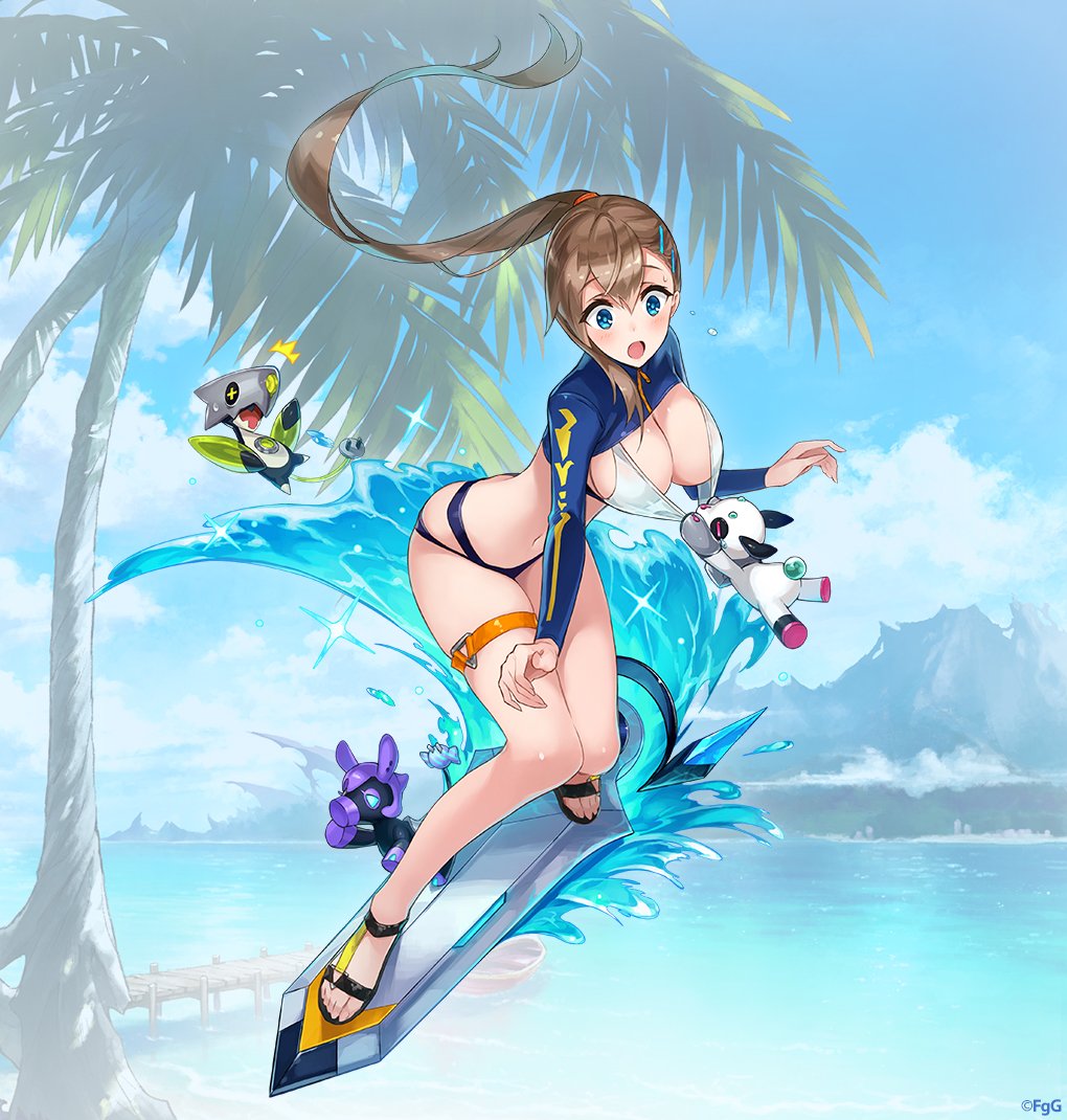1girl, 3others, :o, bikini, blue_bikini, blue_eyes, brown_hair, full_body