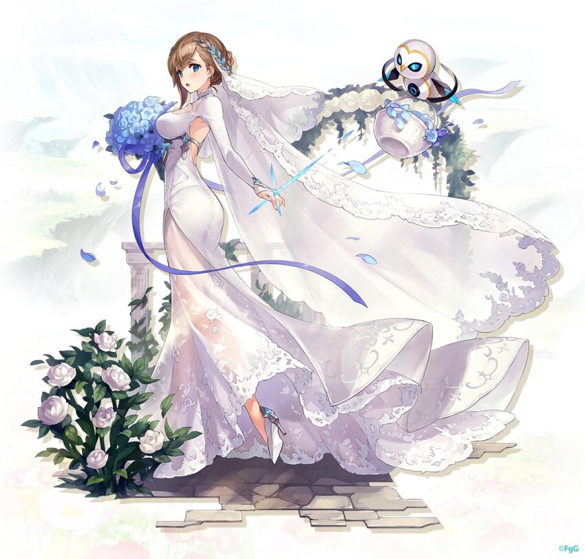 1girl, armpits, ass, blue_eyes, blue_flower, blue_petals, bouquet, braid