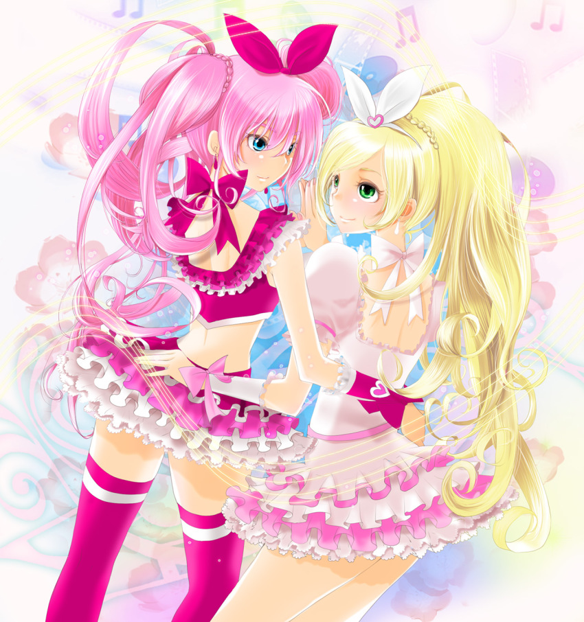 10s, 2girls, aqua_eyes, arm_around_another's_waist, bad_id, bad_pixiv_id, blonde_hair, bow