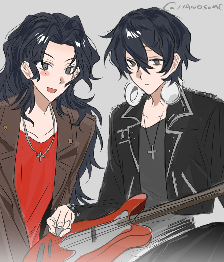 2boys, absurdres, alternate_costume, black_eyes, black_hair, black_jacket, black_pants, black_shirt