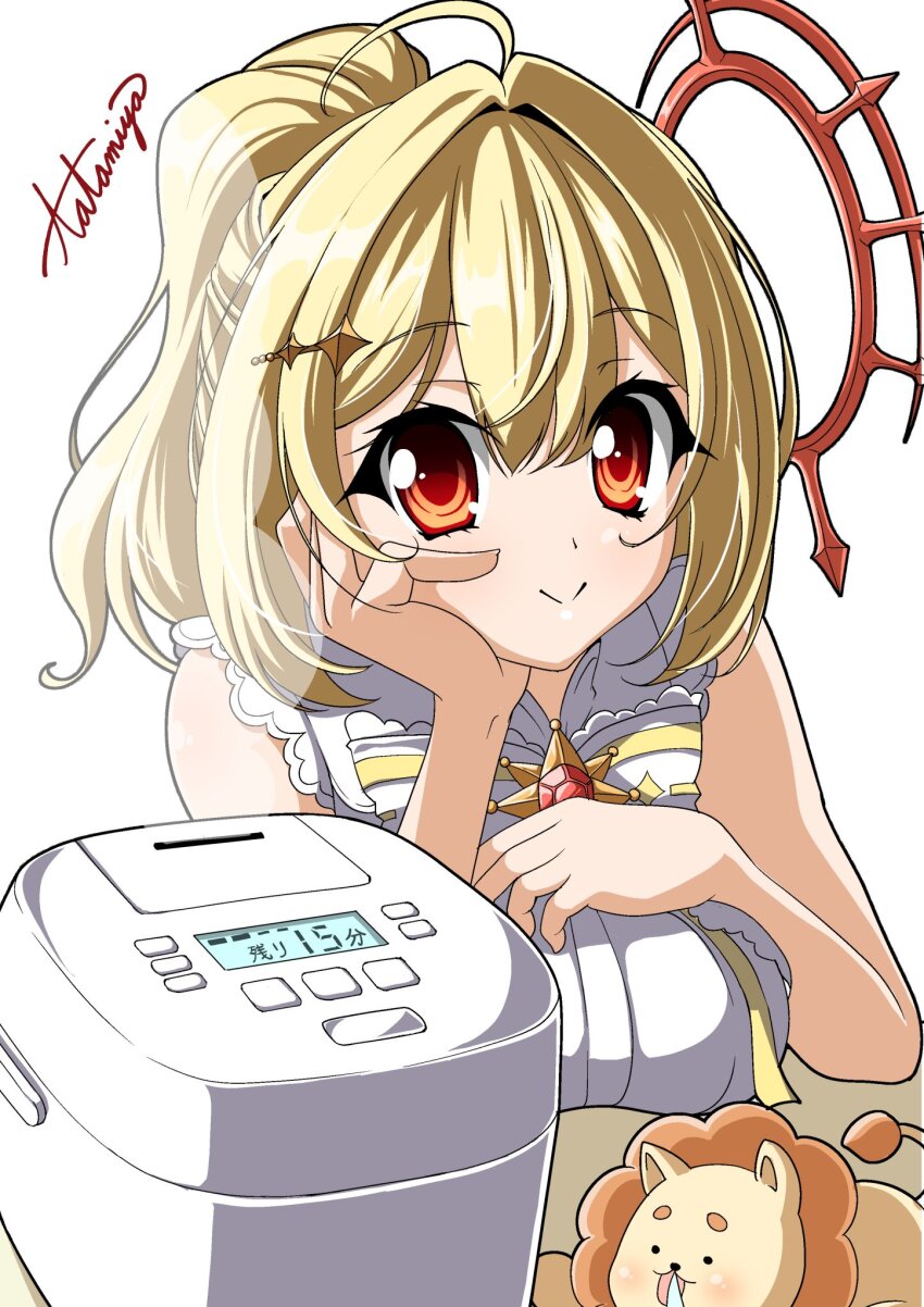 1girl, :>, ahoge, blonde_hair, blush, bow, bowtie, breasts