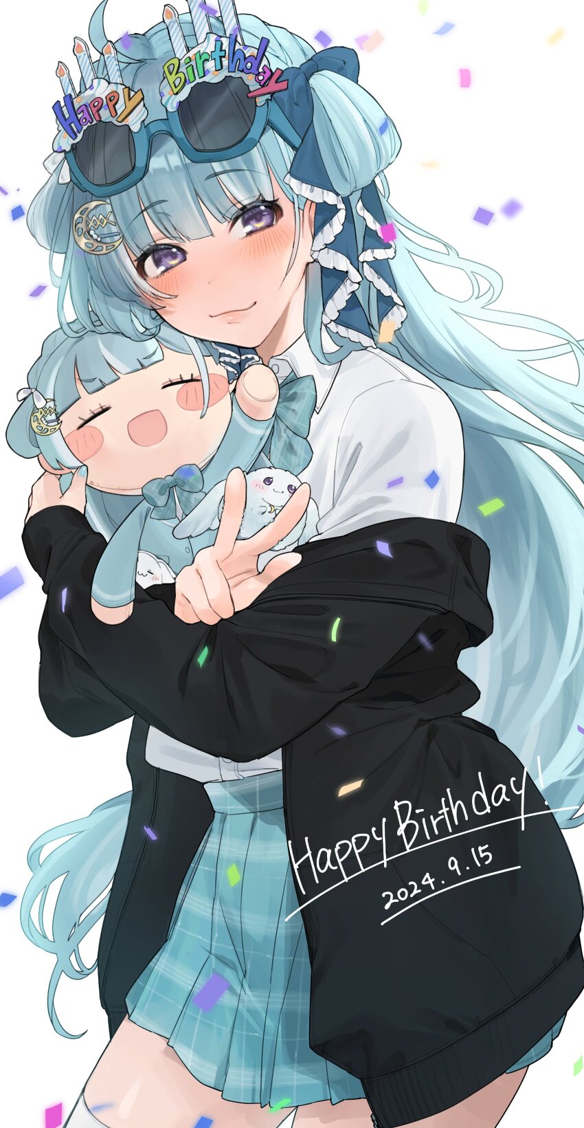 1girl, :3, absurdres, amaui, arizou_haishin, black_jacket, blue-framed_eyewear, blue_bow, blue_bowtie, blue_hair, blue_skirt, blunt_bangs, blush, bow, bowtie, character_doll, closed_mouth, collared_shirt, commentary_request, confetti, cowboy_shot, crescent, crescent_hair_ornament, dated, doll, eyewear_on_head, hair_bow, hair_ornament, happy_birthday, highres, holding, holding_doll, jacket, long_hair, long_sleeves, looking_at_viewer, nanashi_inc., off_shoulder, plaid_bow, plaid_bowtie, plaid_clothes, plaid_skirt, purple_eyes, rabbit, shirt, skirt, smile, solo, sunglasses, v, virtual_youtuber, white_shirt
