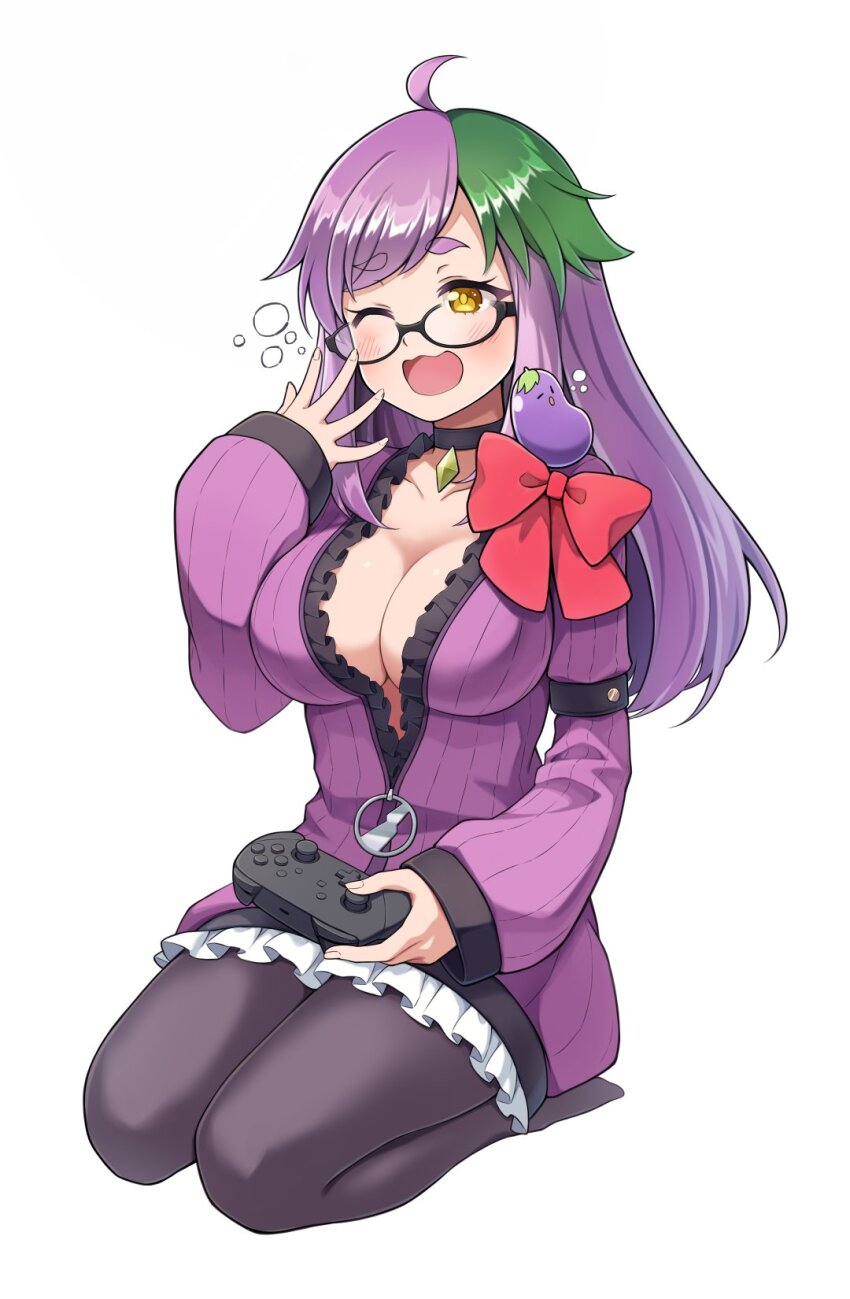 1girl, ahoge, awokani, black_choker, black_pantyhose, breasts, choker, cleavage, commentary_request, commission, controller, eggplant, eyes_visible_through_eyewear, full_body, game_controller, glasses, green_hair, highres, holding, holding_controller, indie_virtual_youtuber, jacket, large_breasts, long_hair, multicolored_hair, nintendo_switch_pro_controller, no_shoes, one_eye_closed, pantyhose, plunging_neckline, purple_hair, purple_jacket, skeb_commission, solo, tereko_nasu, two-tone_hair, virtual_youtuber, wavy_mouth, yawning, yellow_eyes, zipper_pull_tab