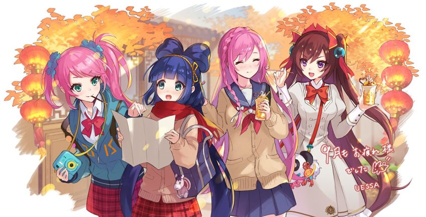 4girls, :d, aqua_scrunchie, artist_name, autumn_leaves, bag, bashosen, blue_eyes