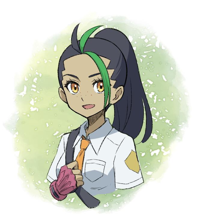 1girl, awokani, black_hair, breasts, brown_eyes, commentary_request, cropped_torso, dark-skinned_female, dark_skin, eyebrows_hidden_by_hair, fingerless_gloves, freckles, gloves, green_hair, hatching_(texture), medium_breasts, multicolored_hair, necktie, nemona_(pokemon), nintendo, orange_necktie, pokemon, pokemon_scarlet_and_violet, ponytail, solo, streaked_hair, two-tone_hair, upper_body