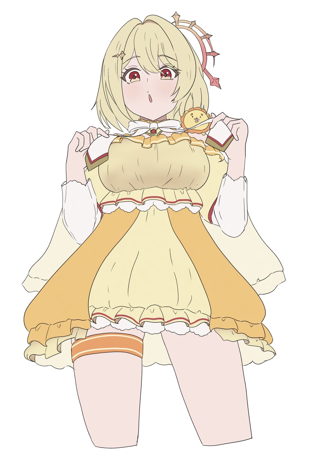 1girl, blonde_hair, blush, bow, bowtie, bowtie_pull, breasts, catnamenothing