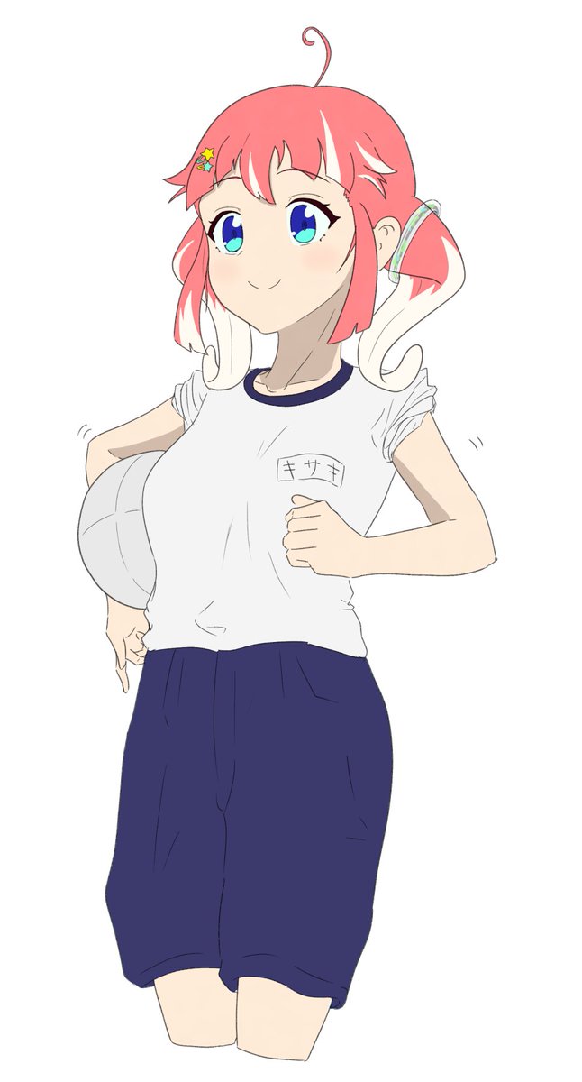 1girl, ahoge, ball, blue_eyes, blue_shorts, blunt_bangs, blush, breasts