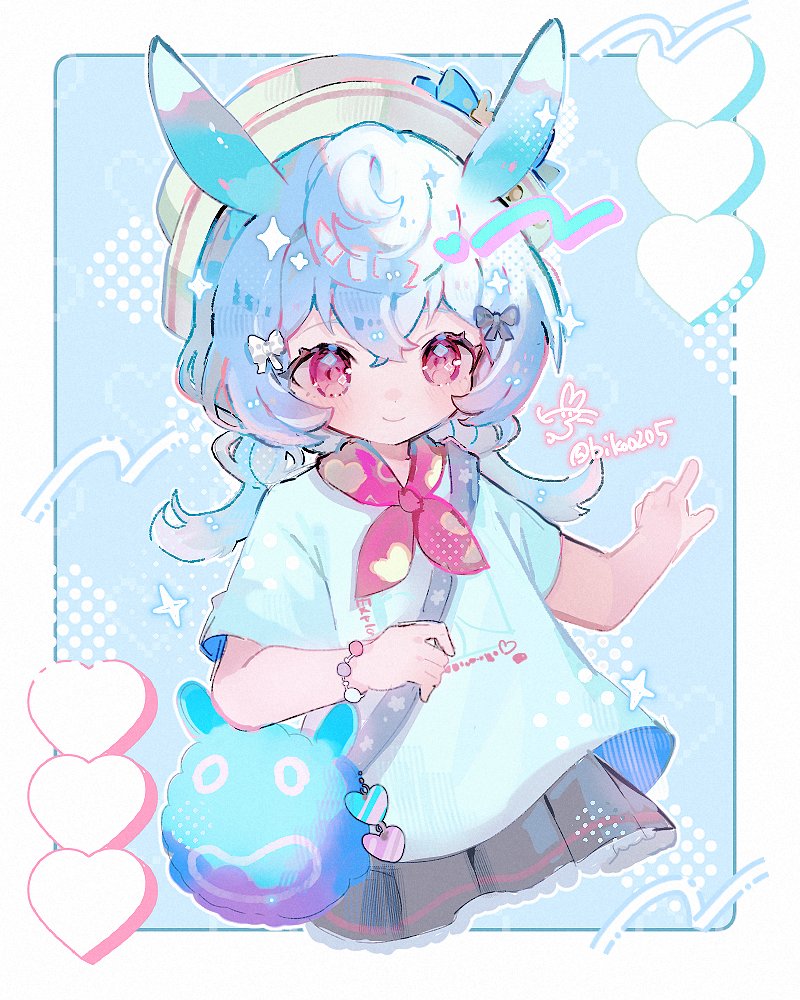 1girl, animal_ears, aqua_shirt, artist_name, bag, biko0205, black_bow, black_skirt