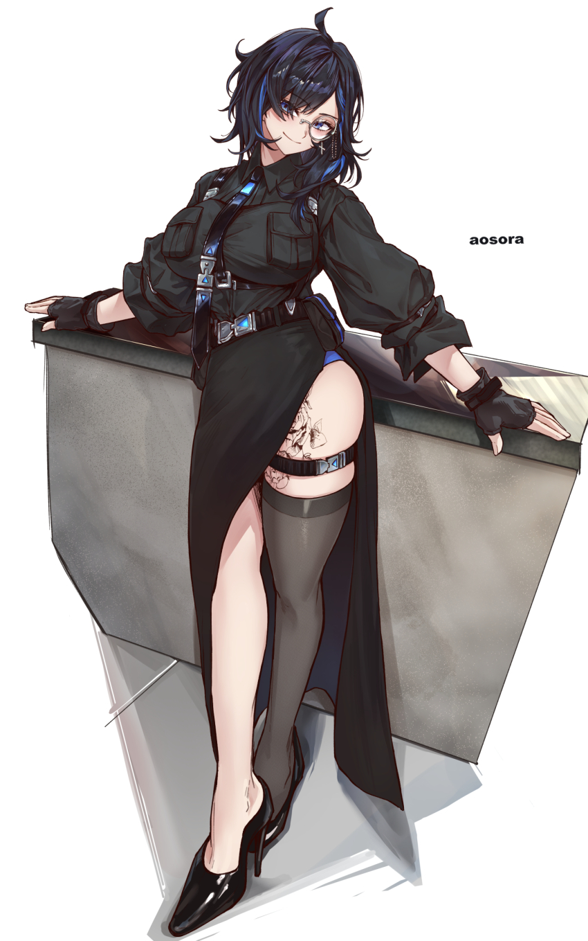 1girl, aosora2823, artist_name, ayase_yuu, ayase_yuu_(1st_costume), belt, black_footwear, black_gloves, black_hair, blue_eyes, blue_hair, breast_pocket, breasts, closed_mouth, commentary_request, commission, eyelashes, fingerless_gloves, flower_tattoo, full_body, gloves, high_heels, highres, large_breasts, leg_tattoo, looking_at_viewer, medium_hair, multicolored_hair, phase_connect, pocket, round_eyewear, simple_background, single_thighhigh, skeb_commission, skindentation, smile, solo, standing, streaked_hair, tattoo, thigh_strap, thighhighs, two-tone_hair, virtual_youtuber, white_background