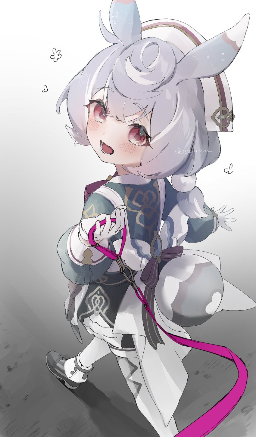 1girl, :d, absurdres, animal_ears, apron, artist_name, black_shoes, black_shorts