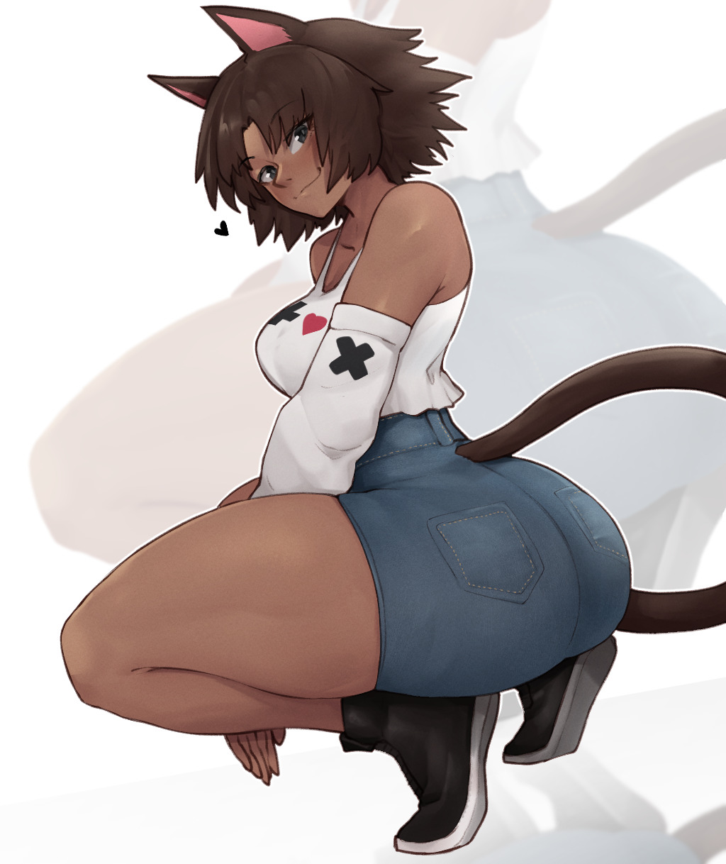 1girl, :3, animal_ears, ass, bare_shoulders, black_footwear, blue_shorts, breasts
