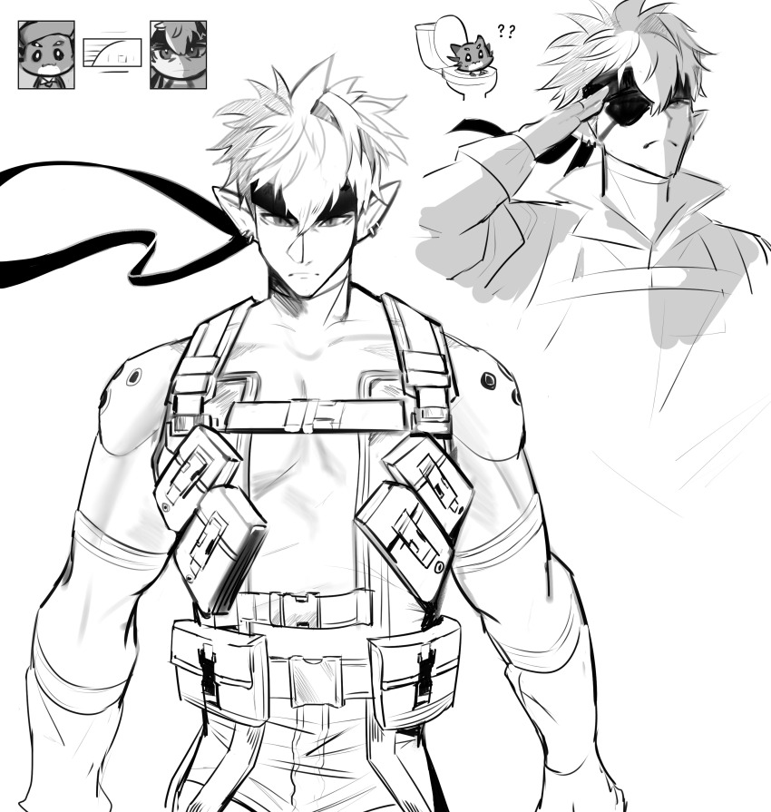 ?, ??, absurdres, belt_pouch, beret, big_boss, big_boss_(cosplay), bodysuit