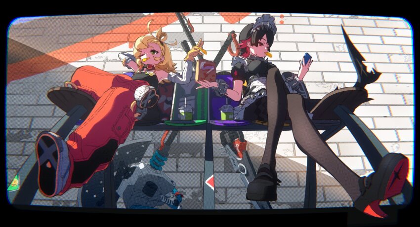 2girls, black_dress, black_footwear, black_hair, black_pantyhose, blonde_hair, chips_(food), chromatic_aberration