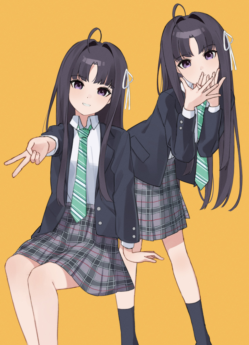 1girl, absurdres, ahoge, arm_support, awa_subaru, black_hair, black_jacket, black_socks