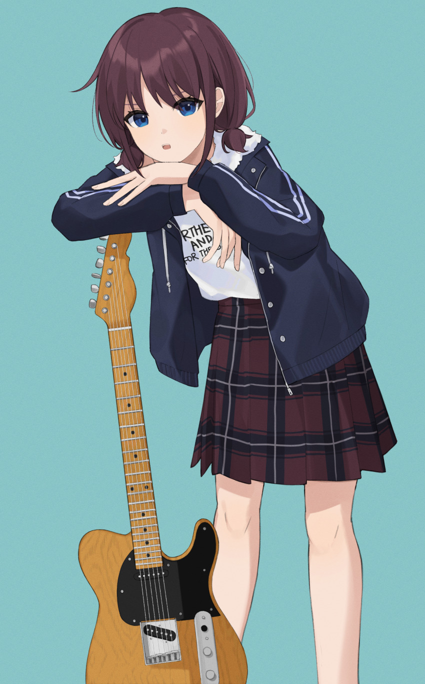 1girl, absurdres, blue_background, blue_eyes, blue_jacket, brown_hair, clothes_writing, commentary