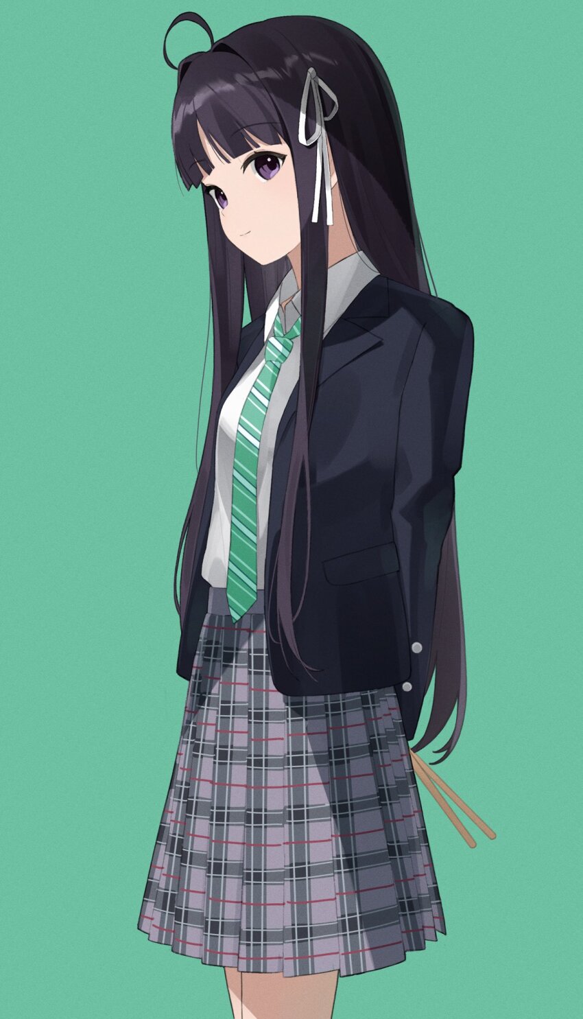 1girl, ahoge, arms_behind_back, awa_subaru, black_hair, black_jacket, closed_mouth, collared_shirt