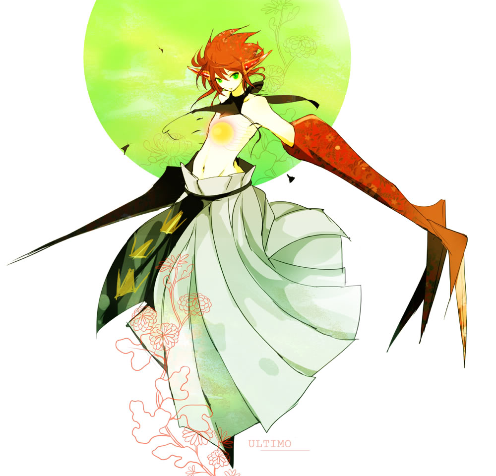 1boy, full_body, gauntlets, green_eyes, karakuridoji_ultimo, male_focus, moon, red_hair
