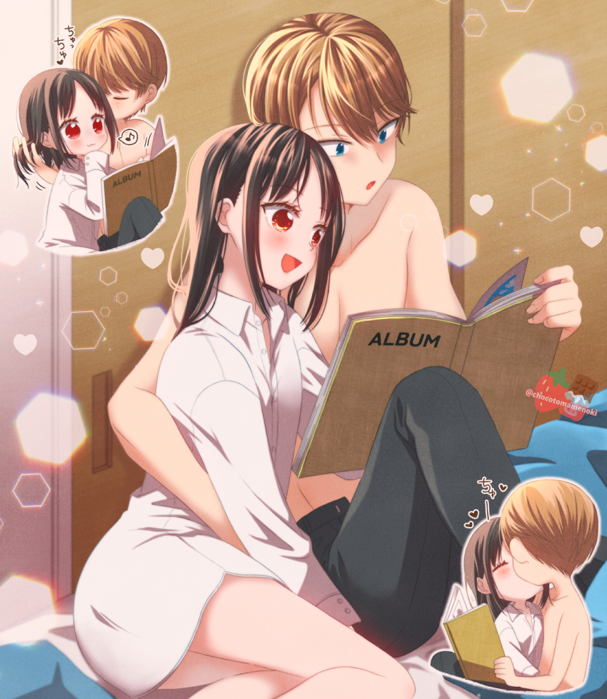1boy, 1girl, :d, :o, black_pants, blanket, blonde_hair, blue_eyes