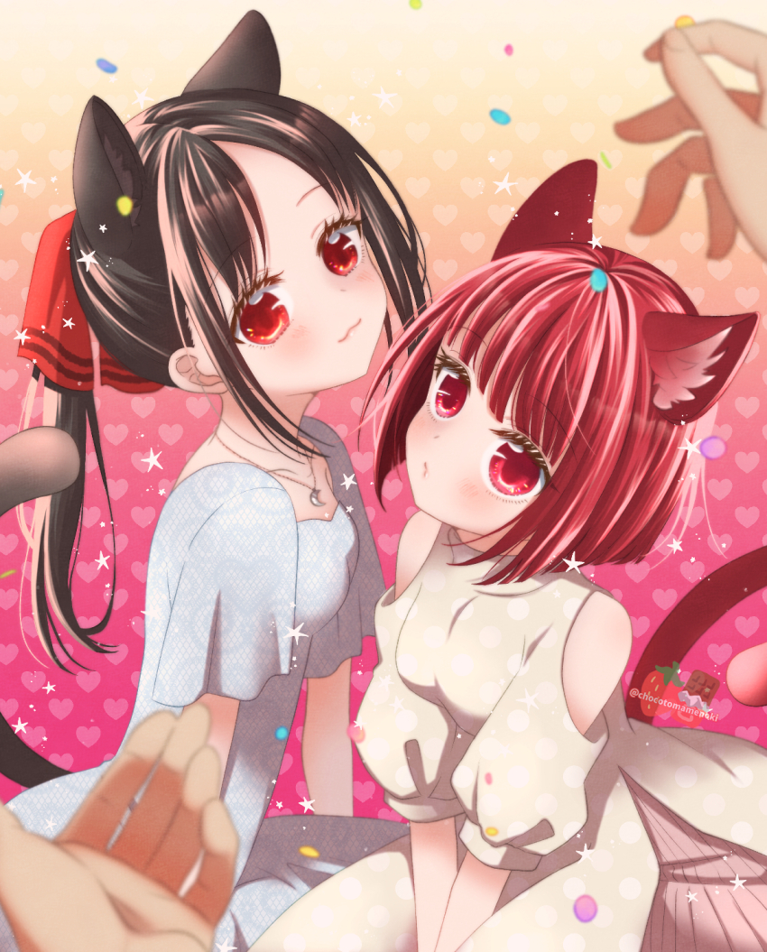 2girls, :3, animal_ears, arima_kana, blush, breasts, cat_ears, cat_girl