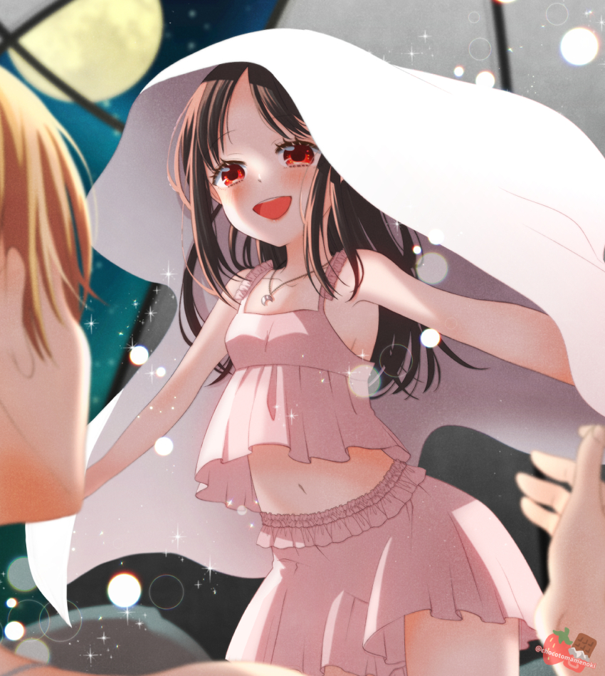 1boy, 1girl, :d, alternate_hairstyle, bare_arms, bare_shoulders, black_hair, blonde_hair, blush, breasts, chocotomamenoki, collarbone, crescent, crescent_necklace, crop_top, happy, hetero, highres, jewelry, kaguya-sama_wa_kokurasetai_~tensai-tachi_no_renai_zunousen~, long_hair, navel, necklace, open_mouth, pink_shorts, red_eyes, shinomiya_kaguya, shirogane_miyuki, shorts, small_breasts, smile, solo_focus, teeth, upper_teeth_only, veil