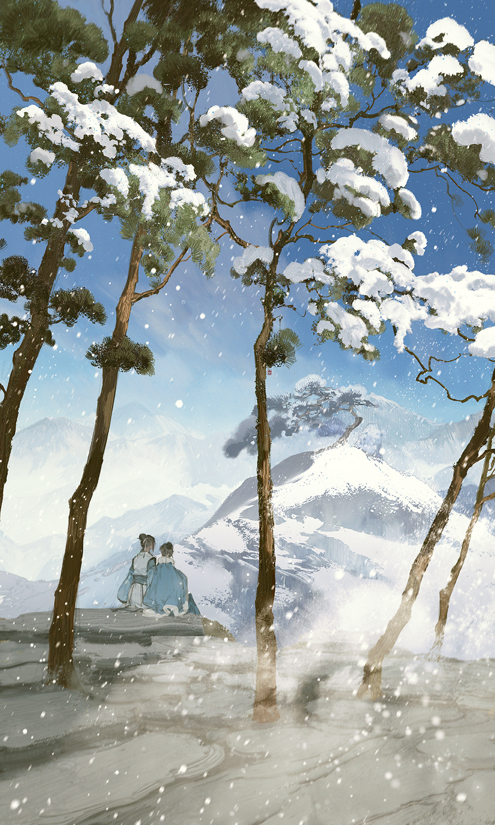 2girls, black_hair, blue_sky, cape, chinese_clothes, facing_away, from_behind, fur-trimmed_cape