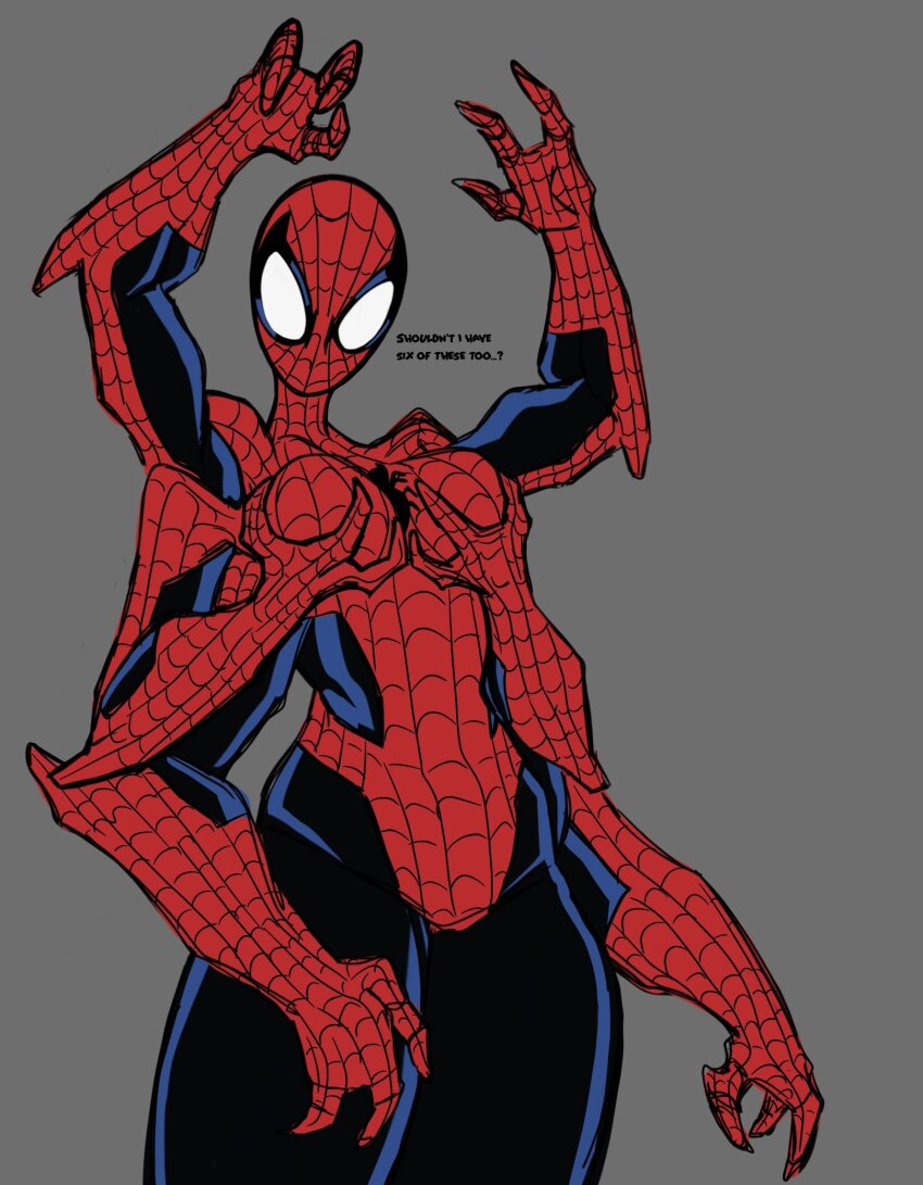 1girl, alternate_form, animal_print, arms_up, blank_eyes, blue_bodysuit, bodysuit, breasts, claws, cowboy_shot, doppelganger_(spider-man), english_text, extra_arms, fewer_digits, genderswap, genderswap_(mtf), grabbing_own_breast, grey_background, highres, large_breasts, looking_at_breasts, looking_at_self, looking_down, marvel, multicolored_bodysuit, print_bodysuit, red_bodysuit, simple_background, solo, spider-man, spider-man_(original_suit), spider-man_(series), spider_print, spider_web_print, superhero_costume, t1tans90, two-tone_bodysuit