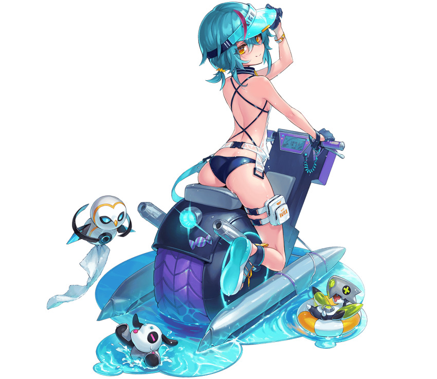 1girl, aqua_hair, back, bikini, bikini_bottom_only, blue_bikini, blue_gloves, closed_mouth, from_behind, full_body, gloves, hair_between_eyes, hand_on_headwear, helena_(phantom_of_the_kill), highres, innertube, jet_ski, looking_at_viewer, looking_back, ocean, official_alternate_costume, official_art, phantom_of_the_kill, simple_background, sitting, smile, swim_ring, swimsuit, transparent_background, two-tone_innertube, visor_cap, watercraft