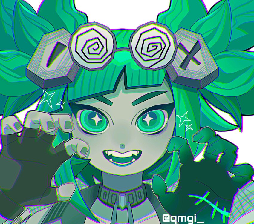 1girl, :d, claw_pose, fingerless_gloves, fright_night_zeri, gloves, goggles, goggles_on_head, green_eyes, green_hair, highres, league_of_legends, nw_(qmgi_), open_mouth, portrait, sharp_teeth, smile, solo, sparkle, teeth, zeri_(league_of_legends)