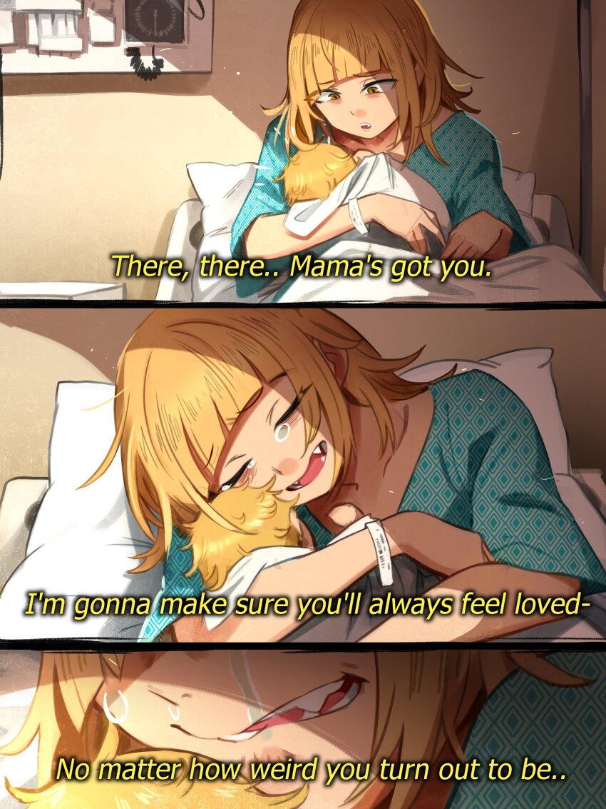 1girl, 3koma, absurdres, alternate_costume, alternate_universe, baby, bed, blanket