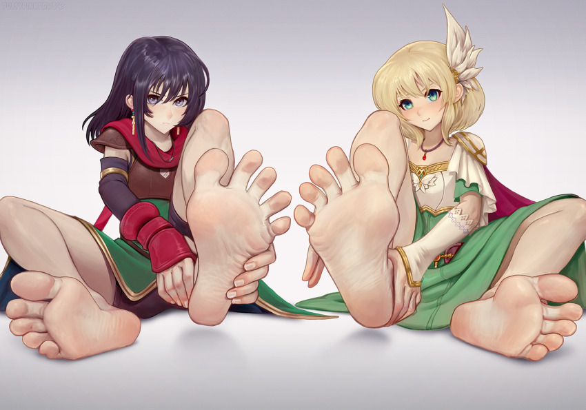 2girls, barefoot, black_eyes, black_hair, blonde_hair, blush, feet, fire_emblem, green_eyes, light_blush, light_smile, long_hair, looking_at_viewer, mareeta_(fire_emblem), multiple_girls, nanna_(fire_emblem), nintendo, puffypinkpaws, soles, toes