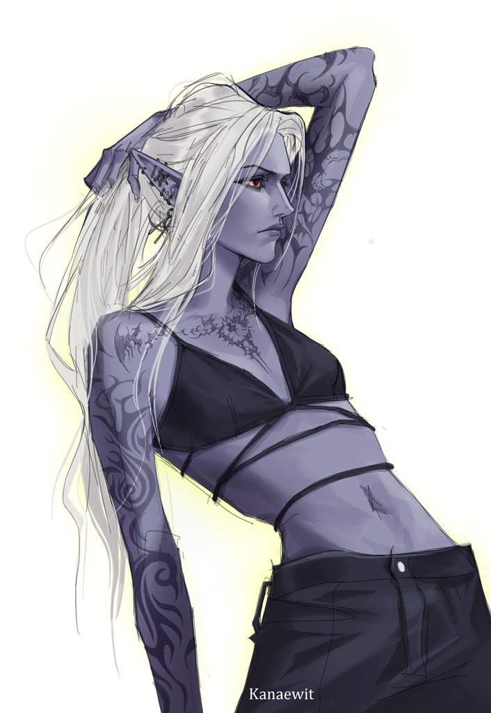 1girl, arm_tattoo, baldur's_gate, baldur's_gate_3, bikini, bikini_top_only, black_bikini, black_pants, blue_skin, colored_skin, commentary, dark_elf, dungeons_&amp;_dragons, ear_piercing, elf, english_commentary, hand_in_own_hair, kanaewit, looking_to_the_side, midriff, minthara, navel, pants, piercing, pointy_ears, simple_background, solo, standing, swimsuit, tattoo, white_background, white_hair