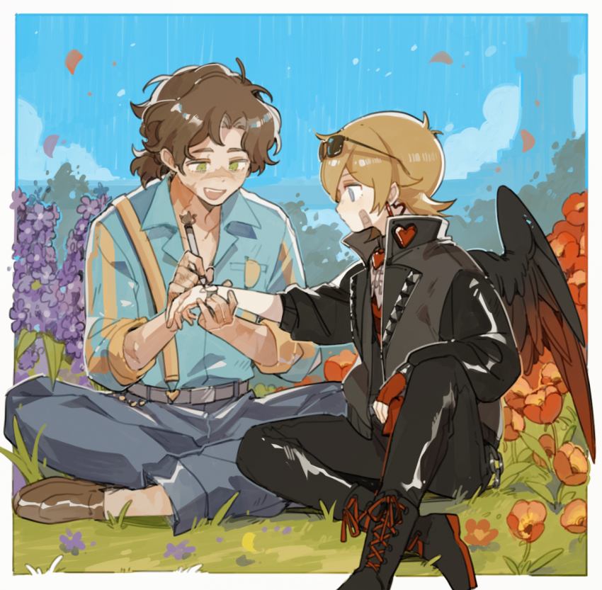 2boys, adapted_costume, bad_boys_(limited_life_smp), bandaid, bandaid_on_face, bird_boy, bird_wings, bishounen