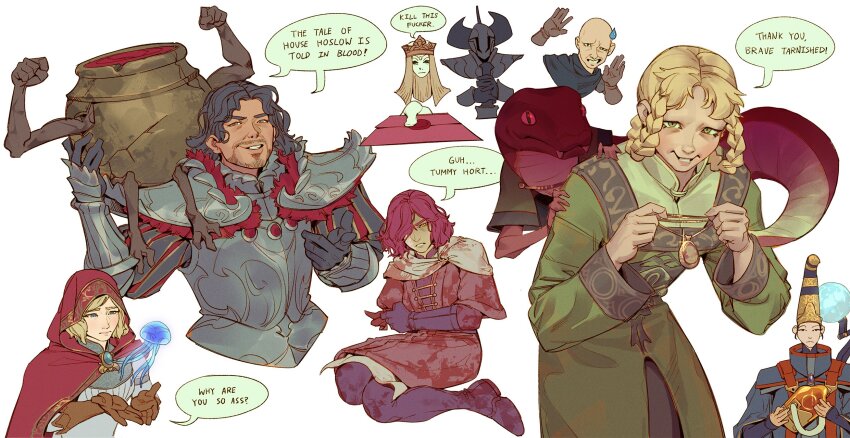 2boys, 2others, 5girls, armor, bald, black_hair, blonde_hair, breastplate