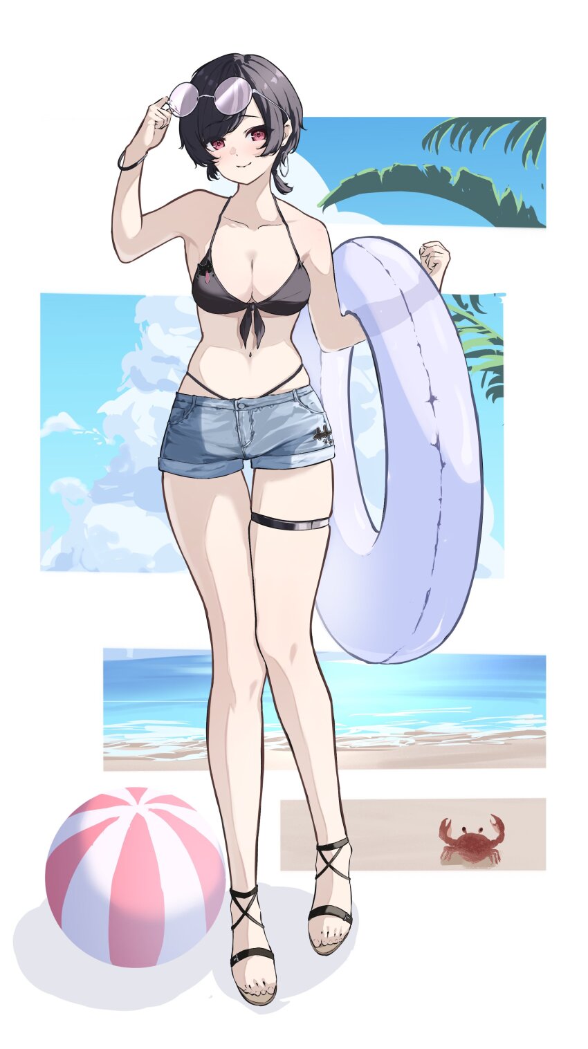 1girl, absurdres, ball, beach, beachball, bikini, bikini_top_only, black_bikini