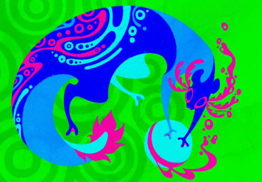 artist_name, axolotl_ears, axolotl_tail, blue_fur, commentary, creature, english_commentary, epilepsy_warning, green_background, kelocitta, mass_rarefaction_cell_(rain_world), minimalism, monster, no_humans, pink_eyes, rain_world, rivulet_(rain_world), signature, slugcat, underwater