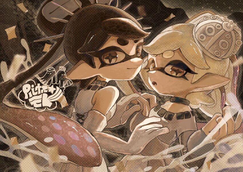 2girls, :o, black_hair, callie_(grand_festival)_(splatoon), callie_(splatoon), closed_mouth, commentary_request, cousins