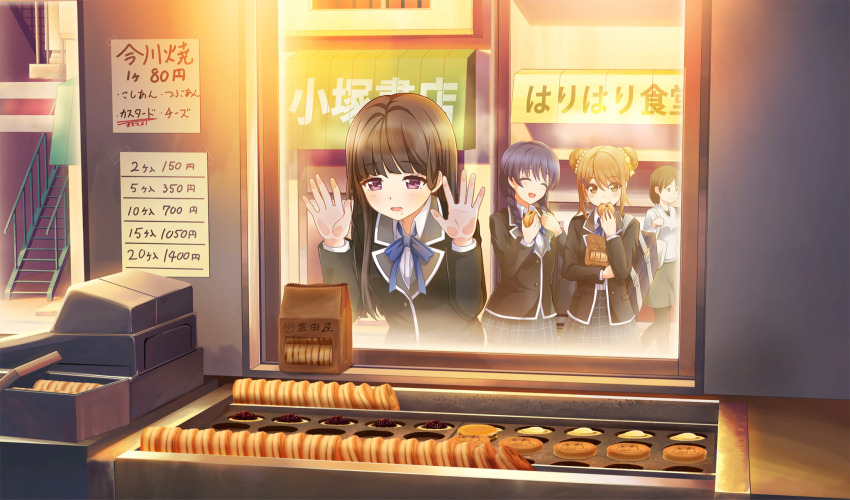 4girls, :d, ^_^, against_glass, bag, black_hair, black_jacket, blue_hair