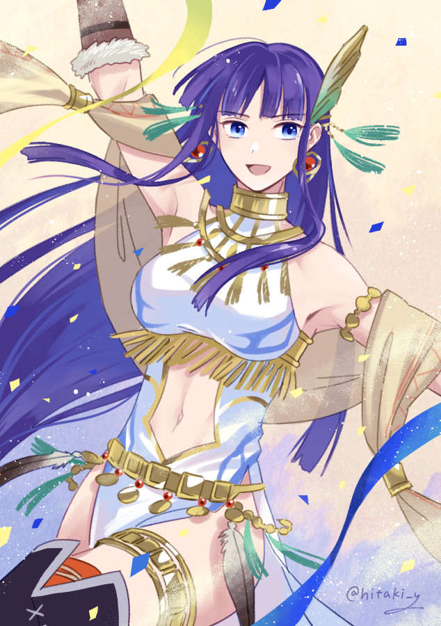 1girl, altina_(fire_emblem), altina_(unrivaled_dawn)_(fire_emblem), arm_up, blue_eyes, clothing_cutout, commentary, earrings