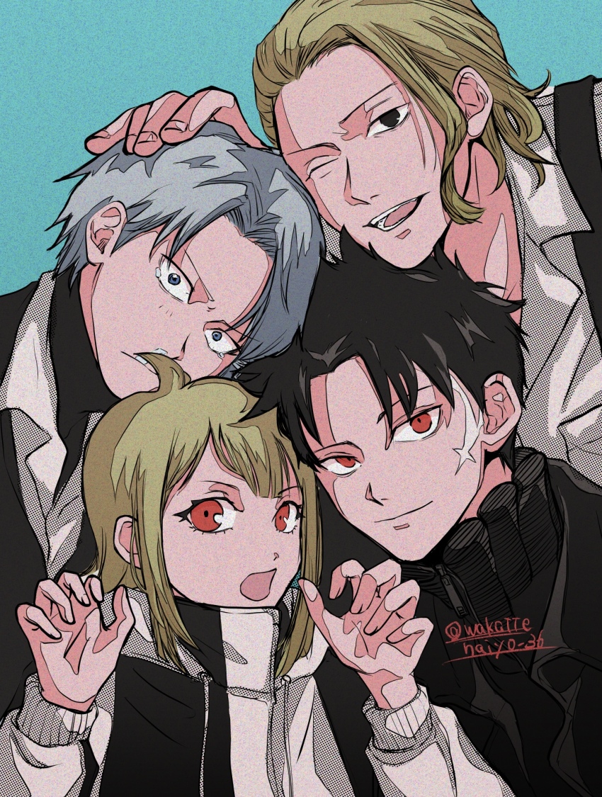 1girl, 3boys, :d, artist_name, black_eyes, black_hair, black_shirt, blonde_hair