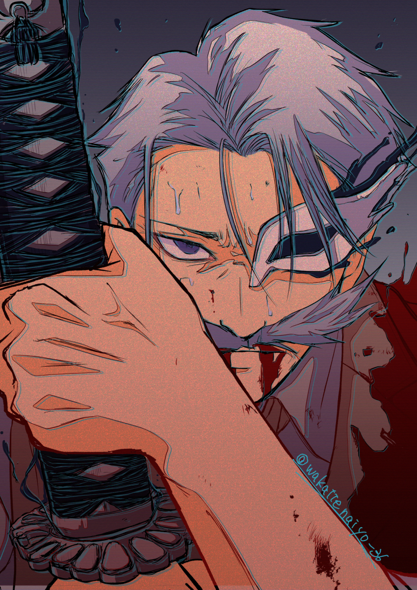 1boy, artist_name, bleeding, blood, blood_on_clothes, blood_on_face, blue_eyes, facial_hair