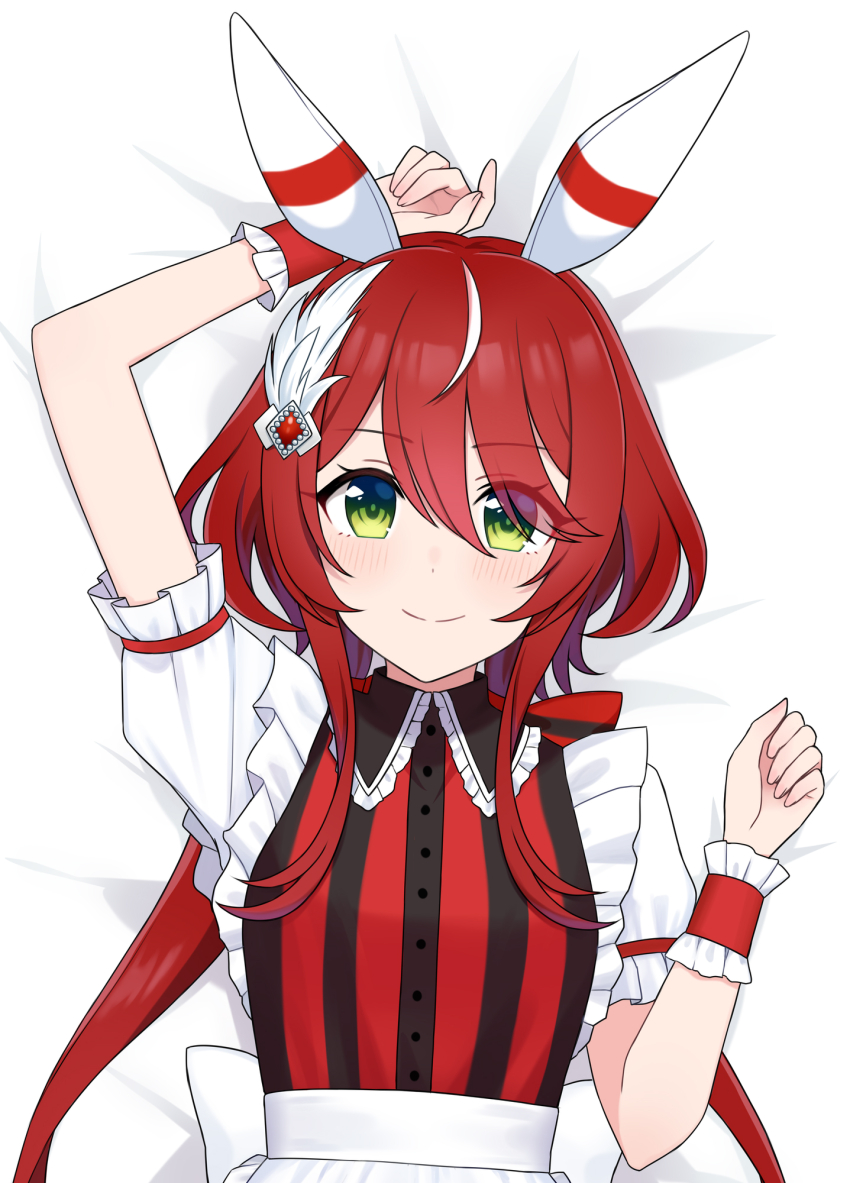 1girl, animal_ears, arm_up, back_bow, bow, closed_mouth, commentary_request, dress