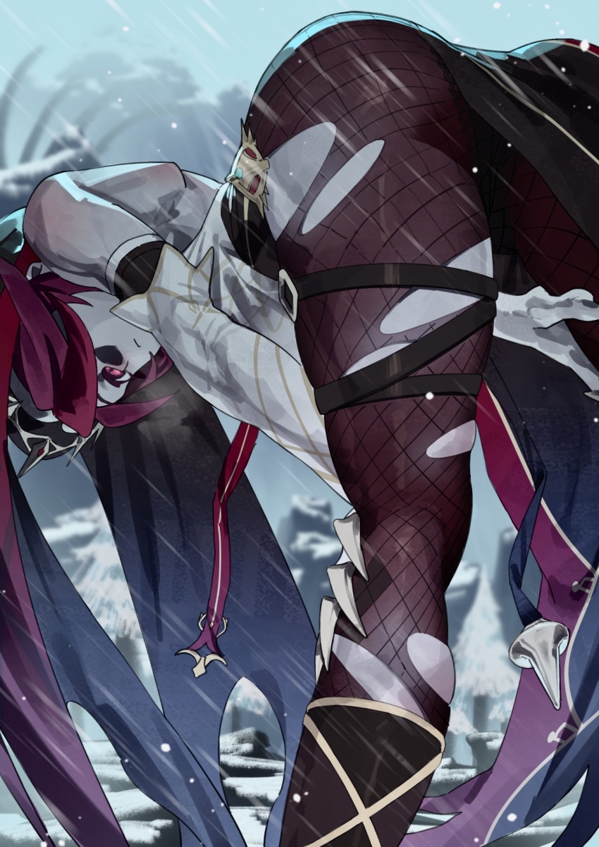 1girl, ass, bent_over, boots, fishnet_pantyhose, fishnets, from_behind, genshin_impact