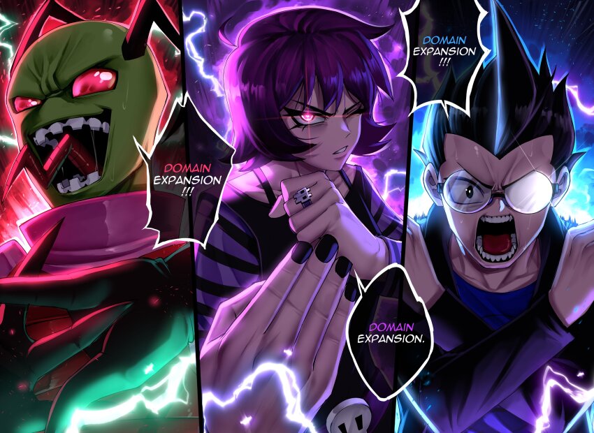 1girl, 2boys, absurdres, alien, animification, antennae, black_hair, black_nails, bra_strap, clenched_hand, dib_(invader_zim), domain_expansion, gazlene_membrane, glasses, highres, invader_zim, jujutsu_kaisen, long_sleeves, multiple_boys, nail_polish, pink_eyes, purple_hair, rageman709, round_eyewear, zim_(invader_zim)