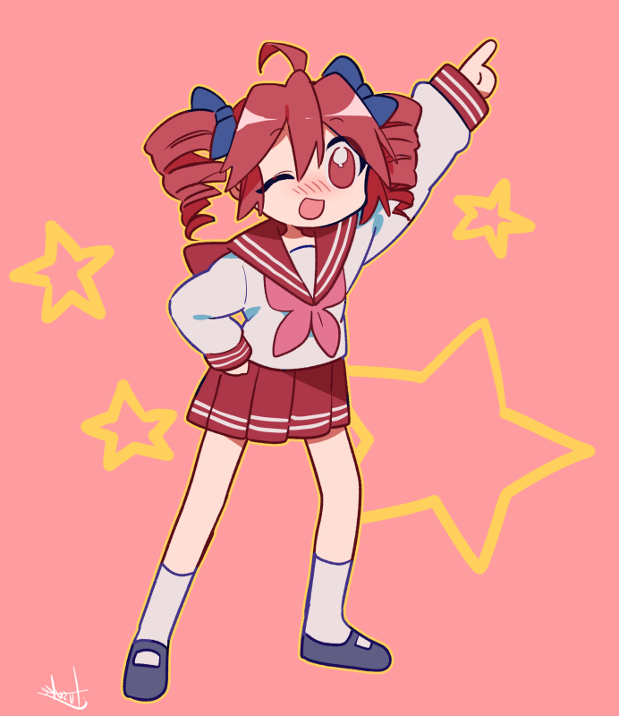 1girl, ahoge, arm_up, black_bow, black_shoes, blush, bow, collared_shirt