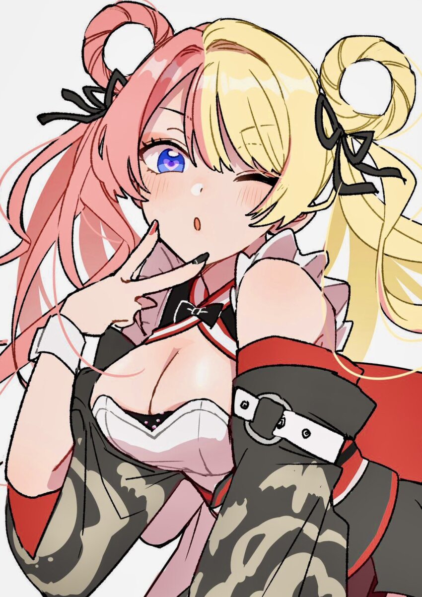 1girl, :o, bare_shoulders, black_nails, blonde_hair, blue_eyes, blush, breasts