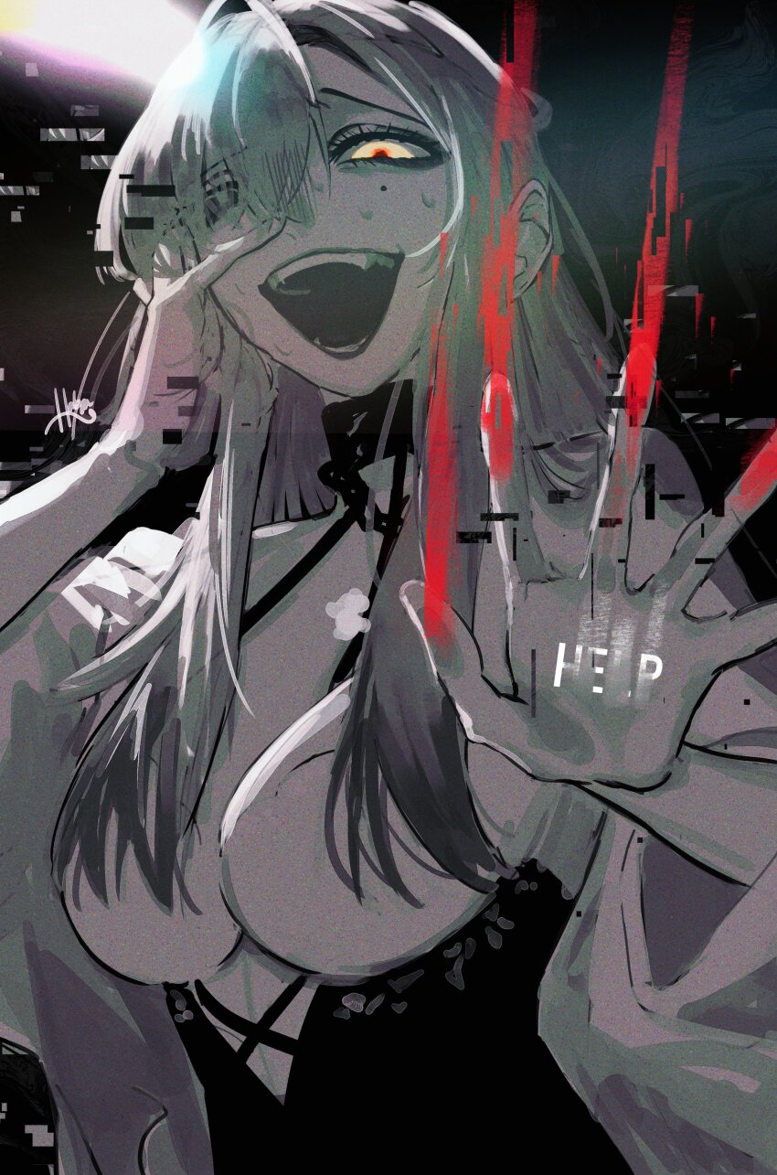 1girl, absurdres, breasts, cardigan, commentary, crazy_laugh, dress, eleven_(path_to_nowhere)