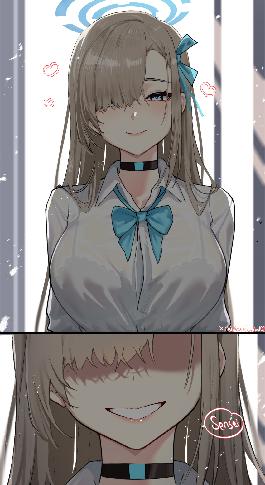 1girl, absurdres, anandaname, aqua_bow, aqua_bowtie, asuna_(blue_archive), blue_archive, blue_eyes, blue_halo, bow, bowtie, bra_visible_through_clothes, breasts, choker, collared_shirt, grin, hair_over_one_eye, halo, heart, highres, large_breasts, long_hair, looking_at_viewer, scene_reference, school_uniform, see-through_clothes, see-through_shirt, shirt, smile, speech_bubble, teeth, tokidoki_bosotto_roshia-go_de_dereru_tonari_no_alya-san, twintails, white_shirt