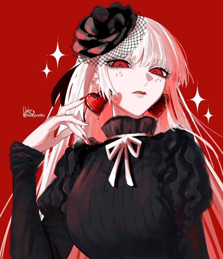 1girl, absurdres, adjusting_earrings, alternate_costume, artist_name, black_flower, collar, commentary, coquelic_(path_to_nowhere), earrings, facial_mark, fascinator, flower, frilled_collar, frills, hakyusiku, hand_up, heart, heart_earrings, highres, jewelry, juliet_sleeves, long_hair, long_sleeves, looking_at_viewer, looking_down, nail_polish, neck_ribbon, path_to_nowhere, puffy_sleeves, red_background, red_eyes, red_lips, red_nails, ribbon, sideways_glance, signature, simple_background, solo, straight_hair, teardrop_facial_mark, upper_body, white_hair, white_ribbon