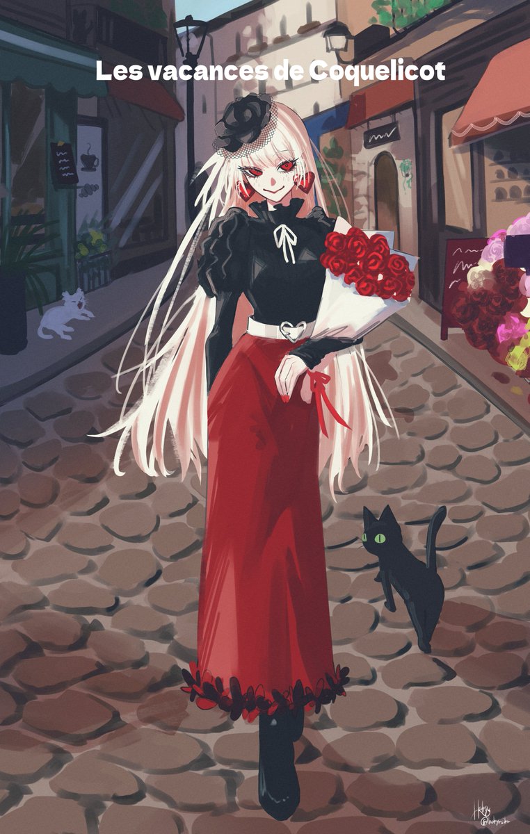 1girl, alternate_costume, belt, black_boots, black_cat, black_flower, black_shirt, boots