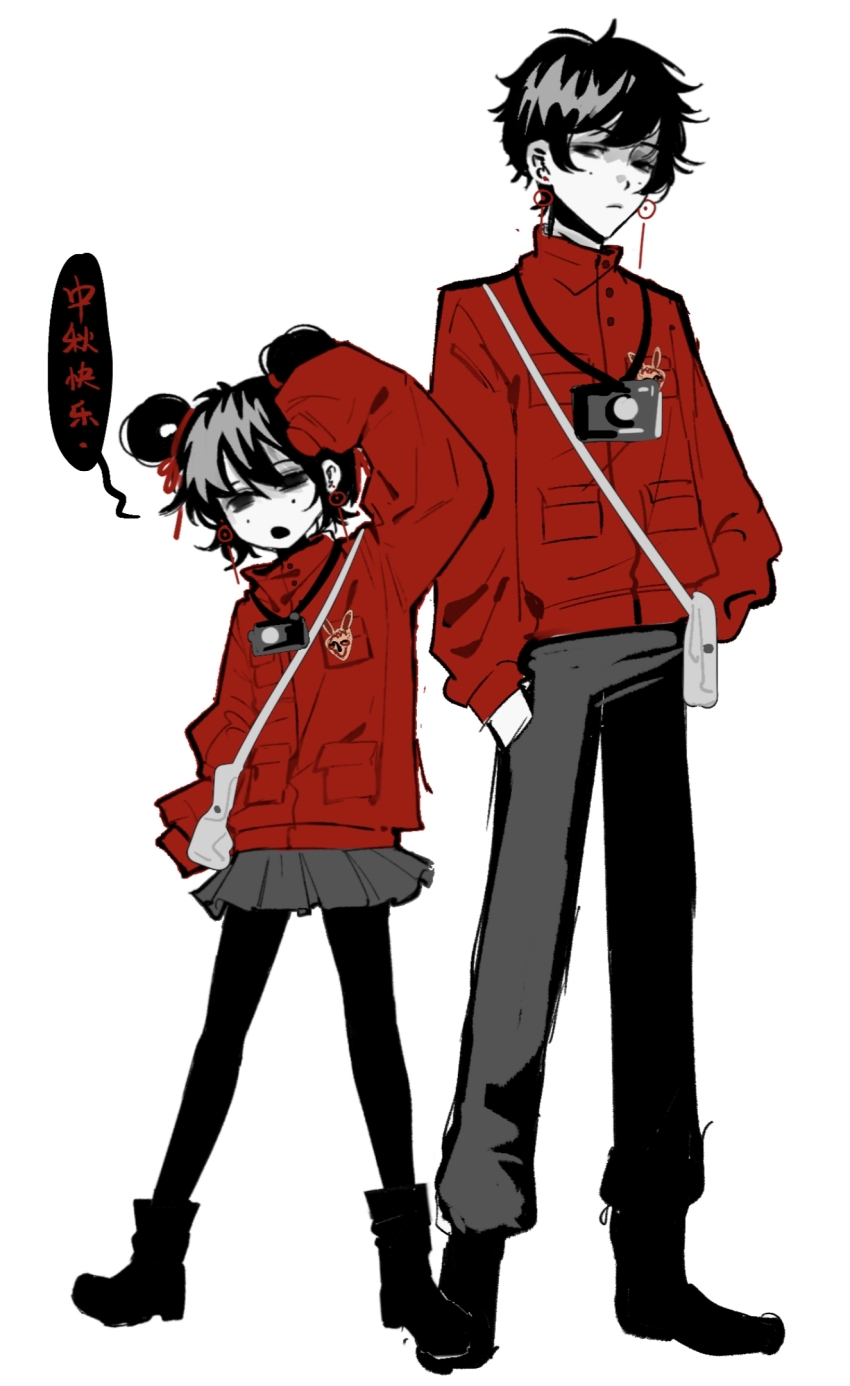 1boy, 1girl, bag, black_boots, black_eyes, black_hair, black_pants, black_pantyhose, black_skirt, boots, camera, camera_around_neck, chinese_text, closed_mouth, colored_skin, commentary_request, dual_persona, earrings, full_body, grey_bag, hair_between_eyes, hair_ribbon, hair_rings, hands_in_pockets, height_difference, high_collar, highres, jacket, jewelry, jingxinhehu, korean_commentary, li_yuting_(female), li_yuting_(male), long_sleeves, messenger_bag, miniskirt, mole, mole_under_each_eye, mole_under_eye, multiple_moles, open_mouth, pants, pantyhose, pleated_skirt, red_jacket, red_ribbon, ribbon, short_hair, shoulder_bag, simple_background, skirt, sleeves_past_fingers, sleeves_past_wrists, touqi_guaitan, translation_request, white_background, white_skin